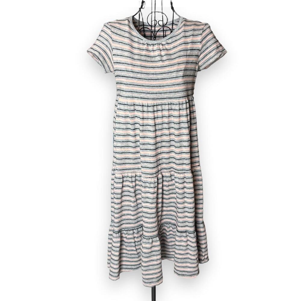 Hanna Andersson Girls Striped Tiered Midi Dress Size 150 US 12 Pink Gray